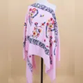 Women pink cashmere feel winter scarf ethnic paisley floral embroidered warm tassel shawl - Pink