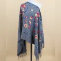 Autumn winter women grey cashmere feel embroidered floral fringe shawl warm ethnic scarf - Gray