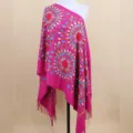 Ethnic style sunflower embroidered cashmere feel women winter warm shawl cape fashion - Rose Red