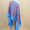 Blue ethnic style embroidered cashmere-feel shawl, warm winter tassel scarf for women. - Sky Blue