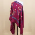 Women cashmere feel winter scarf ethnic floral embroidered fringe shawl warm cozy wrap - Burgundy