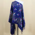 Women's blue ethnic floral embroidered imitation cashmere shawl scarf, warm winter variant. - Navy Blue / 200cm