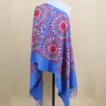 Blue embroidered sunflower cashmere feel shawl scarf for women warm ethnic winter wrap - Denim Blue