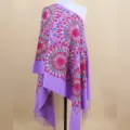 Purple embroidered cashmere-feel shawl with vibrant floral patterns for women, warm winter wrap. - Light Purple