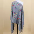 Grey embroidered cashmere-feel winter scarf with colorful floral patterns and elegant tassels. - Light Gray / 200cm