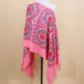 Pink embroidered sunflower cashmere-feel shawl scarf, ethnic style warm tassel wrap. - Watermelon red