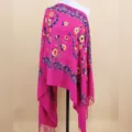 Vibrant pink cashmere-feel embroidered scarf with colorful floral paisley fringe shawl - Rose Red
