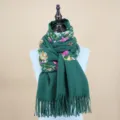 Bufanda de cachemira sintética verde oscura bordada con flores para mujer elegante invierno. - Verde Oscuro