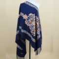 Women navy blue embroidered cashmere feel shawl winter warm fringe scarf ethnic wrap - Navy Blue / 200cm