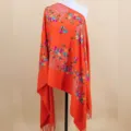 Orange embroidered cashmere-feel scarf winter warm floral tassel fashion shawl for women - Orange Red / 200cm