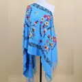 Light blue cashmere feel embroidered shawl scarf with floral border ethnic warm winter style. - Sky Blue