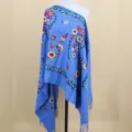 Blue cashmere feel embroidered shawl winter warm paisley floral fringe scarf for women. - Denim Blue