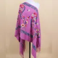 Winter women's cashmere feel floral embroidered shawl warm ethnic fringe scarf elegant drape - Taro