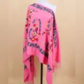Pink paisley embroidered cashmere feel winter shawl scarf with elegant fringe trim details for women. - Watermelon red