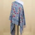 Grey imitation cashmere women shawl with colorful floral embroidery and fringe edge warm. - Light Gray