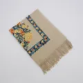 Beige imitation cashmere women scarf with blue floral embroidery and fringe shawl. - 1st Edition Khaki / 200cm