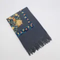 Dark grey faux cashmere women scarf with ethnic floral embroidery and fringe for winter warm. - 1st Edition Gray / 200cm