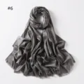 Shimmering metallic viscose scarf detail, elegant silver grey textured fabric with short fringes. - Gray