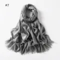 Women solid color viscose metallic shimmering scarf with short fringe, elegant silver gray style. - Medium Grey