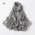 Detail shot of grey metallic shimmering viscose scarf clearly showing short fringe texture. - Silver Gray