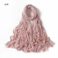 Women solid color crinkled rayon scarf with tassel fringe breathable soft lightweight hijab. - Style 19