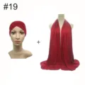 Detailed view of the red modal cross-front hijab cap and matching oversized scarf set. - No. 19 (Red)
