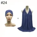 Detailed view of the modal stretch cross cap and long matching scarf set in blue. - No. 24 (Dark Blue)