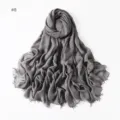 Details of the solid gray breathable modal cotton scarf with short tassels for daily wear. - #8 Gray