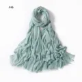 Solid crinkle rayon scarf with frayed ends, breathable mint green hijab for women daily wear. - Style 46