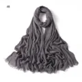 Grey solid color crinkled rayon scarf with tassels, soft and breathable women headwear accessory. - Style #8
