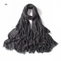 Dark grey crinkled rayon scarf with frayed ends, soft breathable solid color women hijab - Style #9