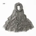 Solid color crinkled rayon scarf with fringe detail, breathable and soft hijab accessory. - Style 49