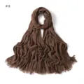 Solid color crinkled rayon scarf for women, soft breathable fabric with frayed tassel ends. - Style 12