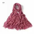 Solid color pleated rayon scarf with frayed fringe edges, soft breathable hijab for women. - Style 21