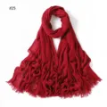 Red crinkle rayon scarf for women, solid color soft breathable headscarf with fringe ends. - Style 25