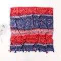 Bohemian floral print scarf detail, red blue color block design with tassel hem. - Red
