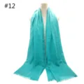Turquoise color detail of solid cotton scarf with short fringe, soft breathable fabric texture. - Style 12
