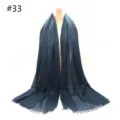 Dark blue TR cotton long scarf with fringe detail, breathable shawl for daily wear. - #33