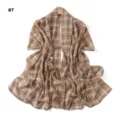 Detailed view of the elegant brown plaid chiffon shawl, showing soft texture and draped style. - #7