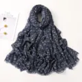 Elegant blue fan printed cotton linen scarf womens large floral shawl wrap fashion accessory - Light Gray