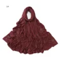 Detailed view of the burgundy rhinestone embellished jersey hijab scarf, soft stretch fabric. - Jujube Red