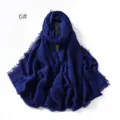 Detailed view of solid color cotton linen scarf, breathable gauze shawl fringe wrap. - Dark Blue