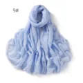 Light blue crinkled gauze scarf detail, breathable linen shawl with delicate fringe. - Light Blue