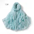 Light blue solid color linen breathable gauze scarf shawl detail, featuring elegant fringe. - Light Blue