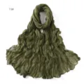 Detail view of olive green crinkled cotton linen scarf, lightweight breathable fabric. - 19#