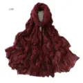 Detail view of a solid wine red crinkle lightweight scarf, breathable fabric, ideal for spring. - 24#