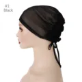 Black mesh breathable inner cap detail, elastic design with adjustable ties for wear. - Black