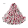 Detailed view of the pink floral printed chiffon scarf, lightweight and soft fabric. - 209#