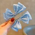 Fermaglio per capelli con fiocco in pizzo blu e strass a cuore, accessorio carino per ragazze. - Molla per Capelli 3D (X1-532) / 1 Paio/Confezione / Blu