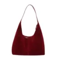 Wine red suede hobo shoulder bag, large capacity retro casual tote bag with smooth zipper closure. - 38x10x25cm / Burgundy